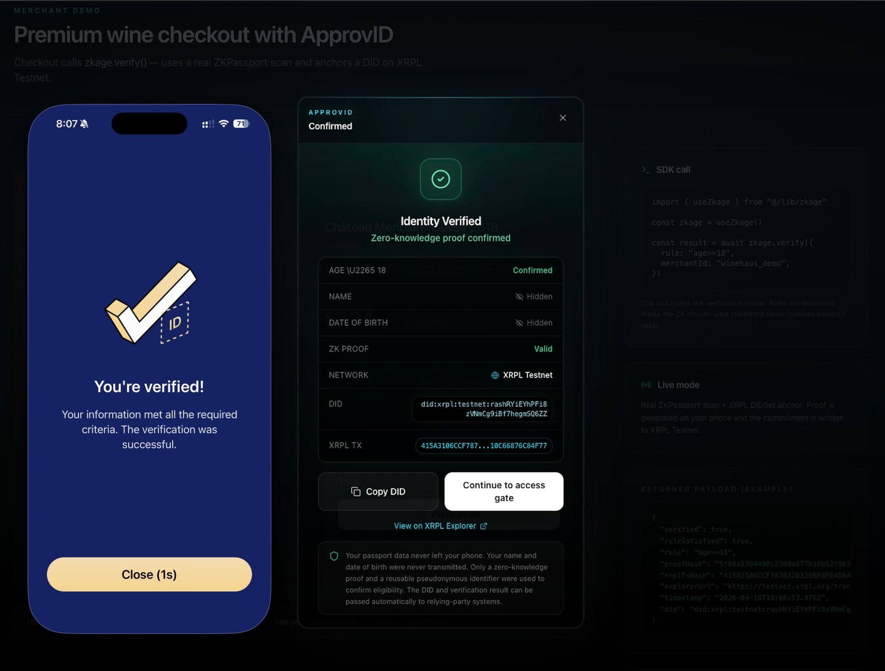 ApprovID prototype: a phone showing “You’re verified!” beside a desktop checkout confirming a zero-knowledge proof.