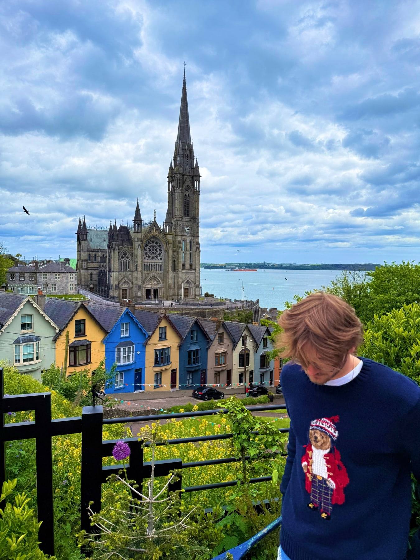 Sinclair above the coloured houses and cathedral at Cobh, Cork.