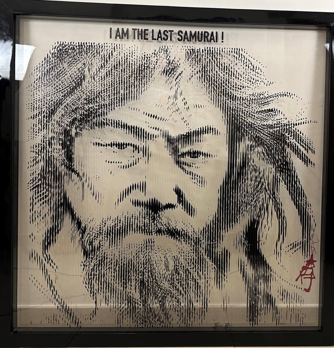 Fabian PhiL, “I am the Last Samurai”: a black-and-white portrait on layered plexiglass.