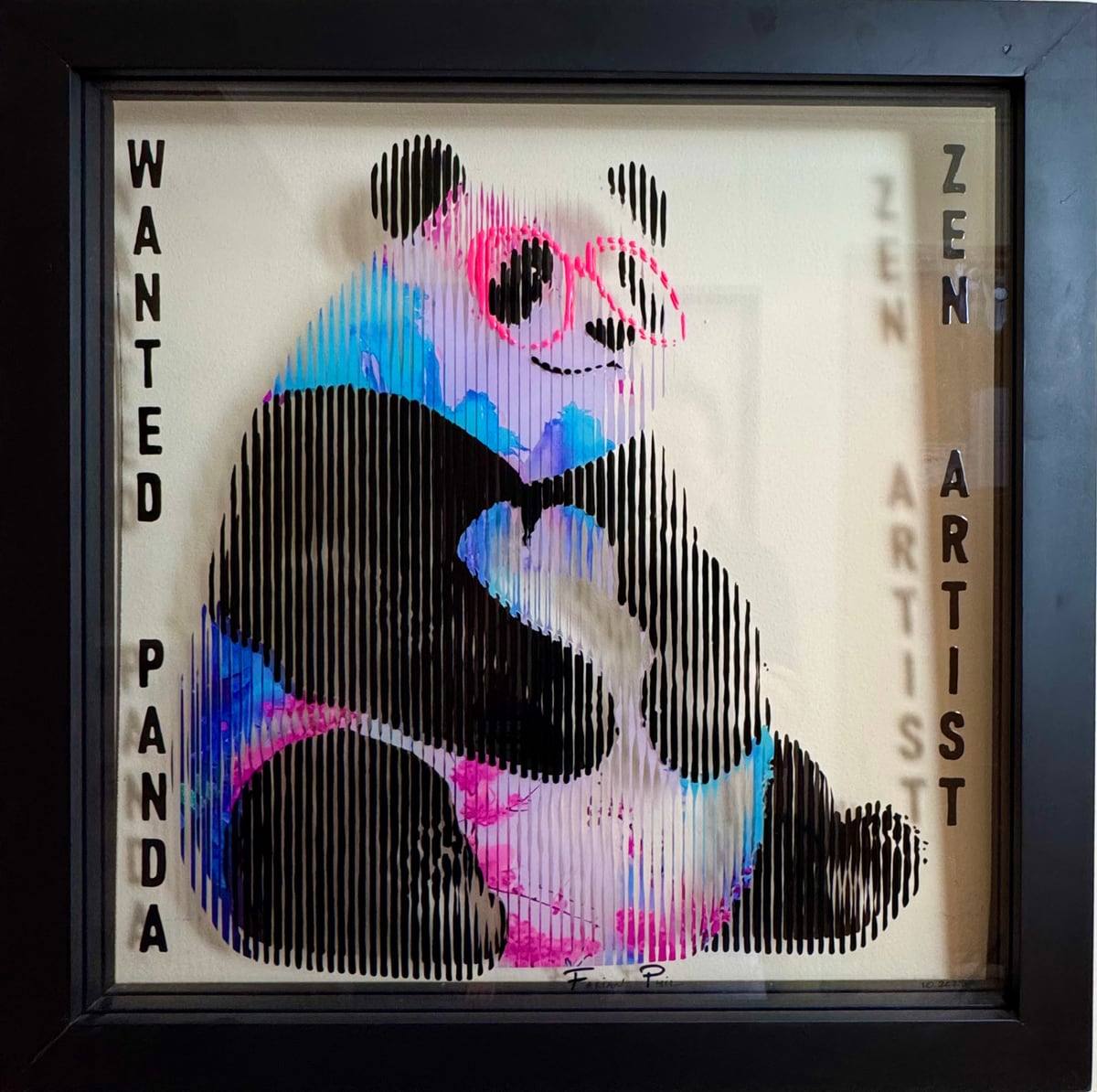 Fabian PhiL, “Wanted Panda Zen Artist”: a pink-goggled panda on layered plexiglass.