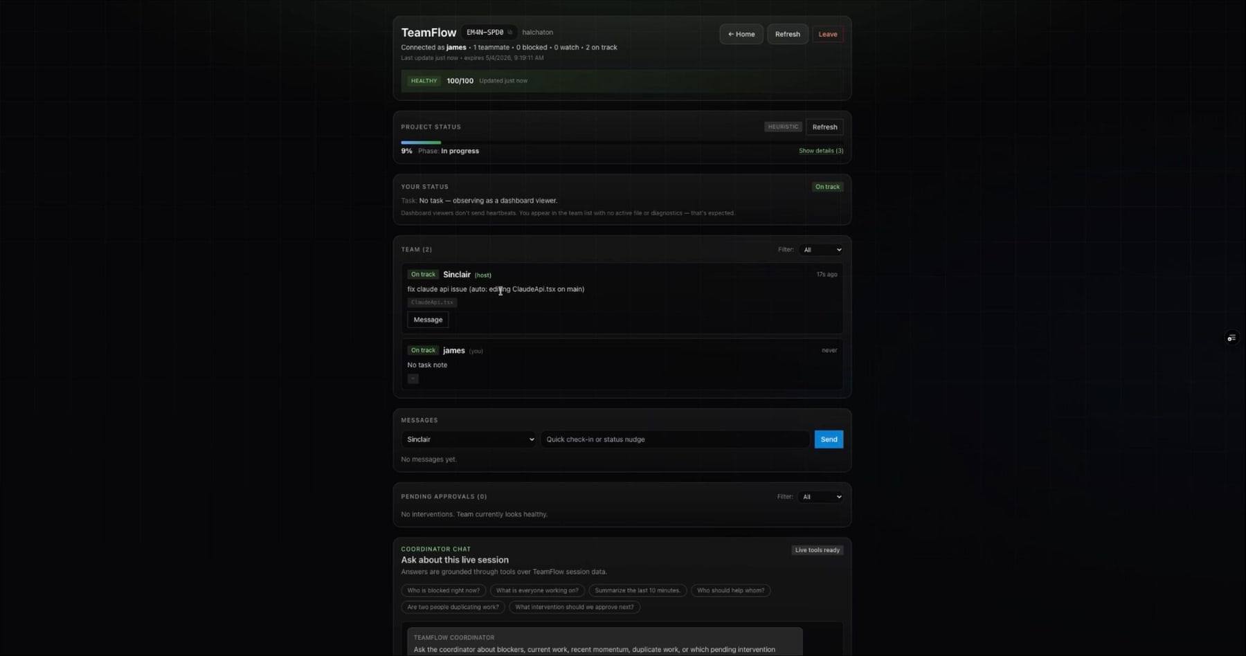 TeamFlow dashboard in dark mode showing team members, tasks and coordinator suggestions.
